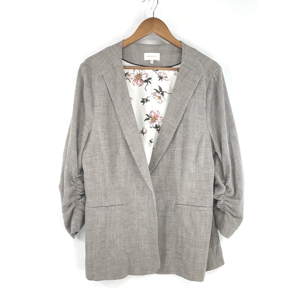 Skies Are Blue Womens Blazer XXL Open Front Grey Plaid Ruched Sleeve